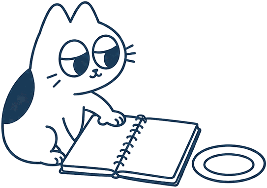 ノートを開いて、食べた記録を書きとめている cRawl の猫のイラスト